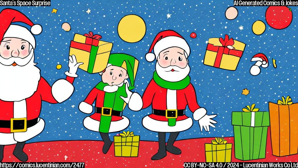 A cartoon drawing of two astronauts floating in space, wearing Santa hats, next to a box labeled "Christmas Resupply". Simple line art, solid colours, no shading.