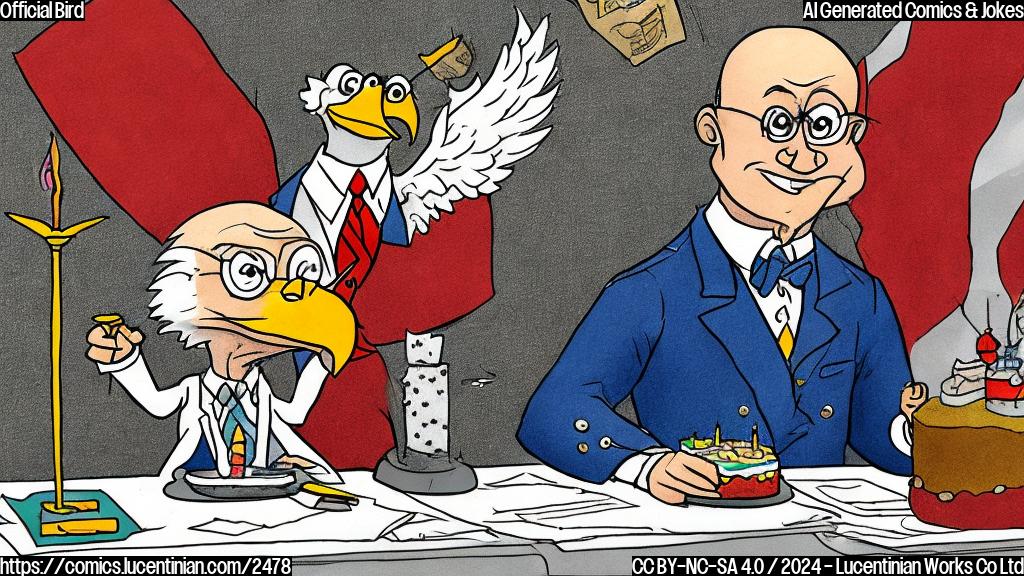 A cartoon drawing in plain colors of a bald eagle wearing a tiny suit and tie, sitting at a desk with a miniature celebratory cake, looking proud and pleased.