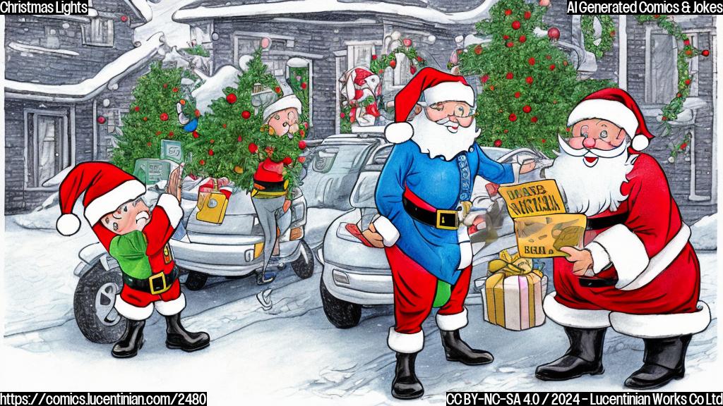 A cartoon of Santa Claus getting a parking ticket from a police officer in front of a house decorated for Christmas. The drawing style is flat, using only solid colors. The colors should be simple and bright.