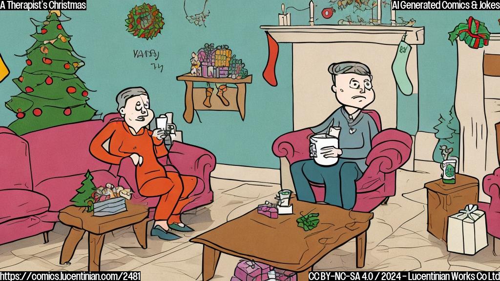 A cartoon illustration in a plain color style of a therapist with a worried look sitting on a couch next to a Christmas tree with presents that are shaped as patient's problems, and a slightly less worried looking therapist is looking at them with a mug of hot drink.