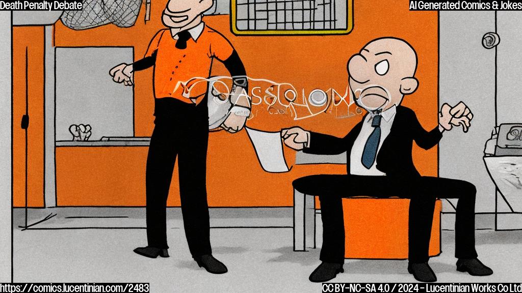 A simple cartoon drawing of a politician, who is bald and wearing a dark suit, looking angry and pointing at a prisoner in an orange jumpsuit, sitting in a prison cell. Both characters are drawn in a plain color cartoon style.