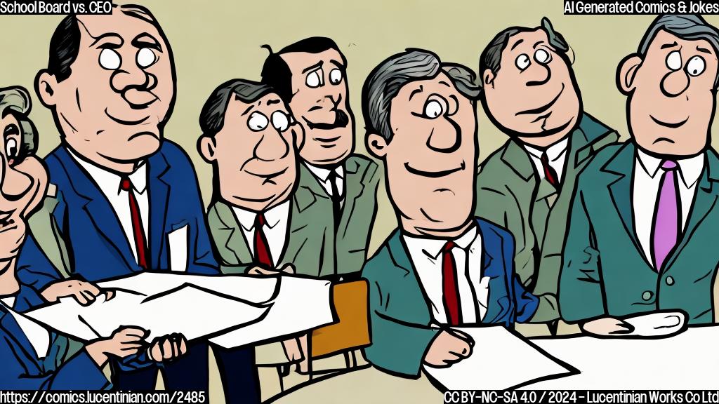 A cartoon drawing in plain colors of a school board member looking sternly at a CEO, who is holding a piece of cake while simultaneously signing papers. The CEO looks slightly guilty.