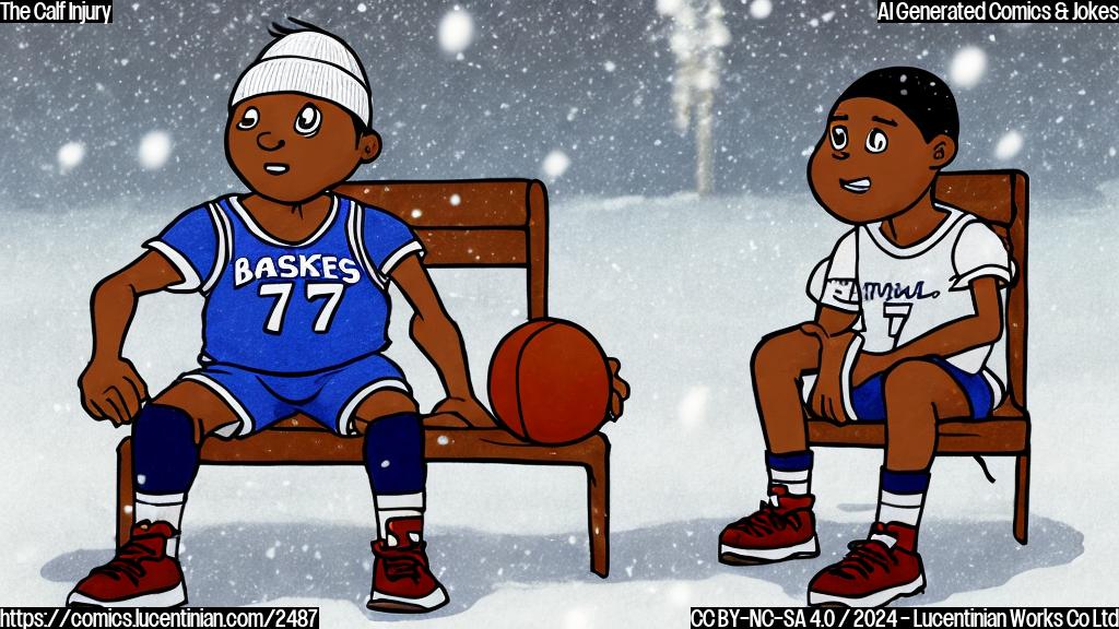 A simple cartoon drawing of a basketball player wearing a jersey with a number 77 on the back, with a sad expression, sitting on a bench with a bandage on his leg next to a snow covered fence. The background is plain white.