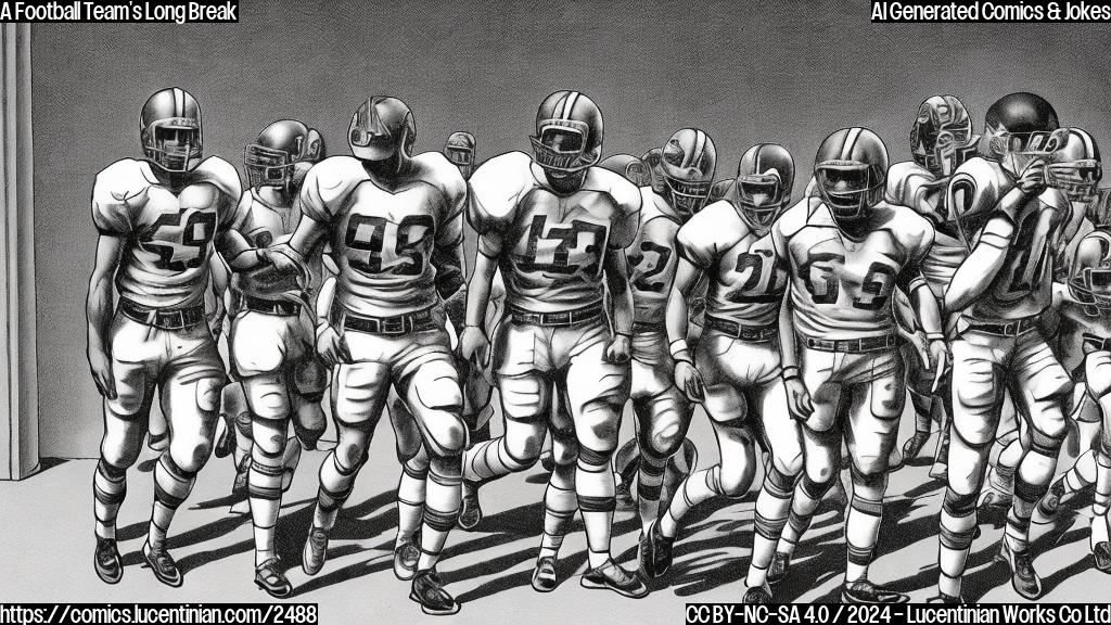 A cartoon of a football team in plain clothing, wearing helmets and walking into a library building. The cartoon should be in a single plain color, like a sepia tone.