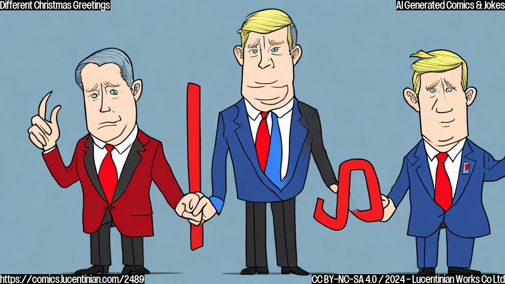 A simple cartoon of two figures in suits, one wearing a red tie and the other a blue tie, holding signs with different messages: one says "Peace on Earth", and the other says "Make [Country] Great Again". Plain color style. No background.