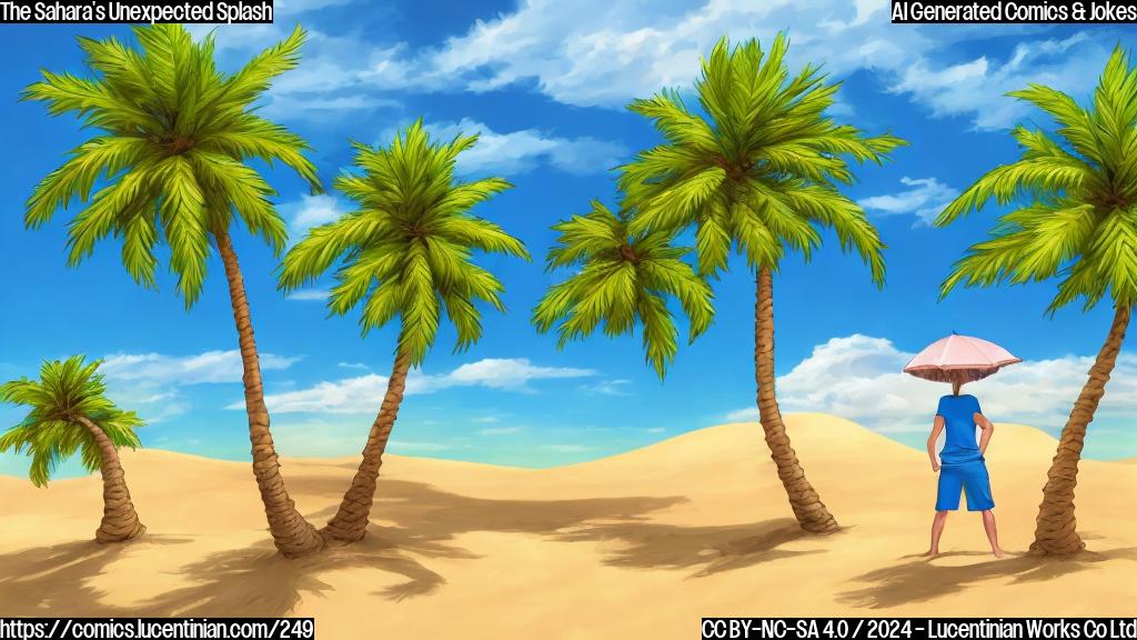 Draw a cartoon style picture of a cluster of palm trees with blue lagoons surrounding them, set against a sandy dune landscape. Include a small figure (a person) standing next to one of the palm trees, holding a towel and wearing a surprised expression. The background should include some sparse clouds to hint at the unexpected rain.