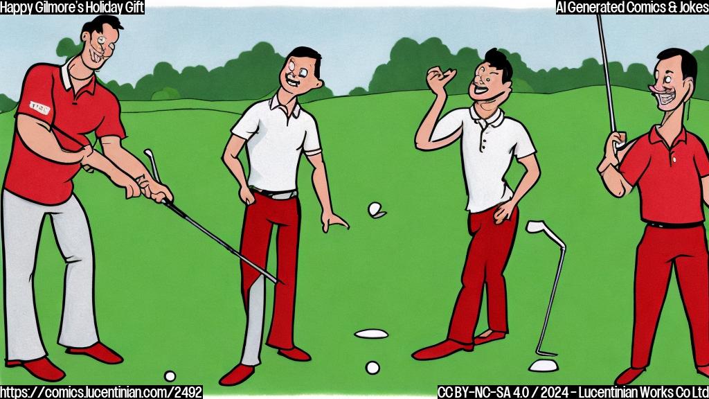 A simple cartoon drawing, plain color style. A man with a short haircut and muscular body wearing a red golf shirt and white pants is holding a golf club which is badly bent.  Beside him, another man wearing a green golf shirt and white pants is laughing, pointing at the golf club. The background is a plain green golf field.