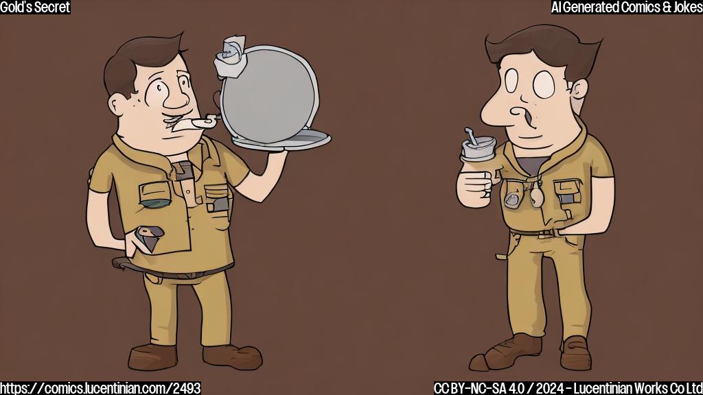 A cartoon drawing of a geologist character, wearing a khaki-colored shirt, holding an empty gold pan and looking sad in a flat-color style. The background should be a simple, plain color, such as light brown or beige, and the style should be simple and clean.