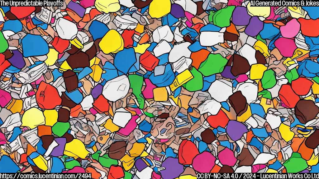 A cartoon drawing in plain colors of a surprised person looking at a box of chocolates, where each chocolate is shaped as a football helmet with various team colors. The background should be a football field.