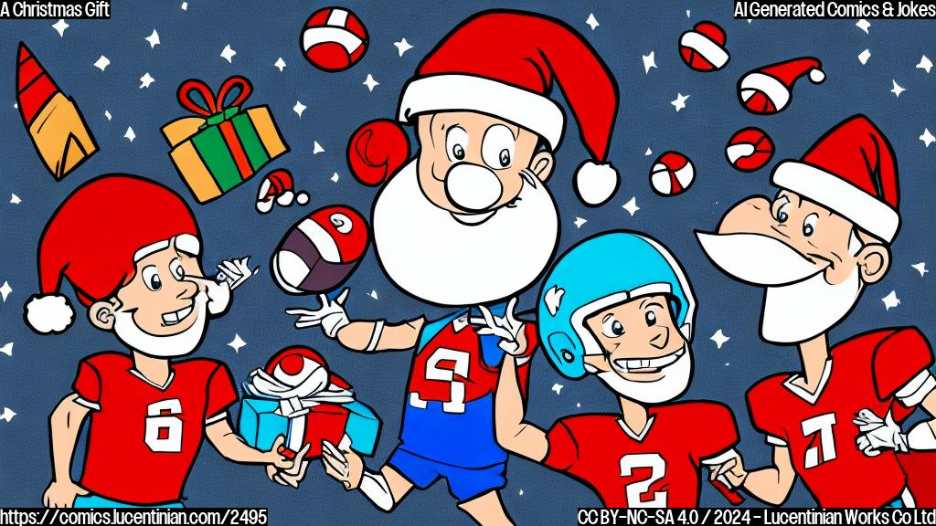 A simple cartoon drawing in plain colors showing two football players, one wearing a red jersey and helmet and the other a blue jersey and helmet, sitting on a couch together, watching a large TV showing a football game, with gift boxes and Christmas decorations in the background. The background color should be a simple light blue, and the characters and objects should be flat shapes with minimal details.