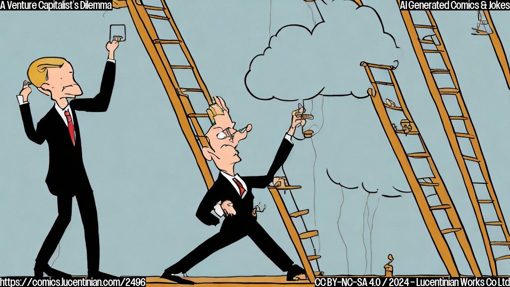 A cartoon drawing in plain color style of a venture capitalist in a suit climbing a ladder towards a cloud that symbolizes a high investment. The background should be plain yellow.