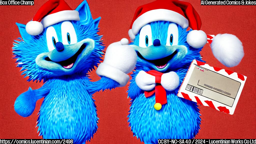 A cartoon drawing of a blue hedgehog wearing a Santa hat holding a large movie box office ticket with a celebratory expression in a plain, single color style, background is a solid color.