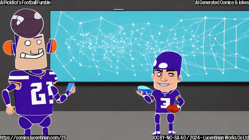 A cartoon of a robot with a football-shaped head, wearing a Vikings jersey and holding a tablet that displays a spreadsheet. The robot is standing in front of a whiteboard with a graph that shows an unstable line representing its predictions. In the background, a green screen displaying a football field can be seen, with a small figure of a person (representing Aaron Rodgers) running towards the camera. The style should be reminiscent of 90s cartoons.