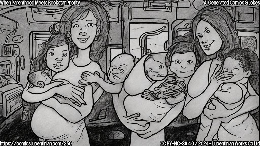 Draw a simple cartoon style image of a pregnant woman holding a newborn baby in her arms while standing on top of a tour bus with a microphone and guitar lying abandoned around her. The background should be a blurred Mississippi landscape at night with stage lights reflected on the bus's windows.