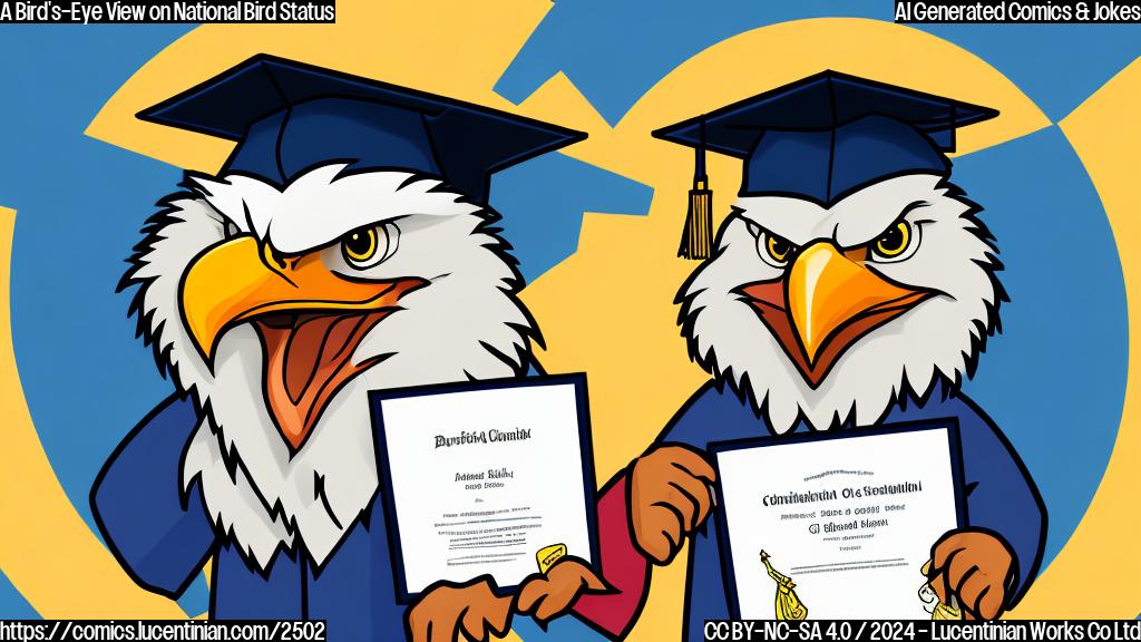 A cartoon drawing of a bald eagle wearing a graduation cap and gown, proudly holding a diploma that says "Officially National Bird". The style is plain color with a single color background.