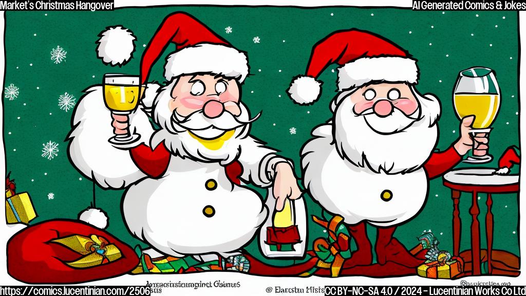 A simple cartoon of a slightly dizzy stock market graph character with a Christmas hat and a glass of eggnog next to it, in plain color style