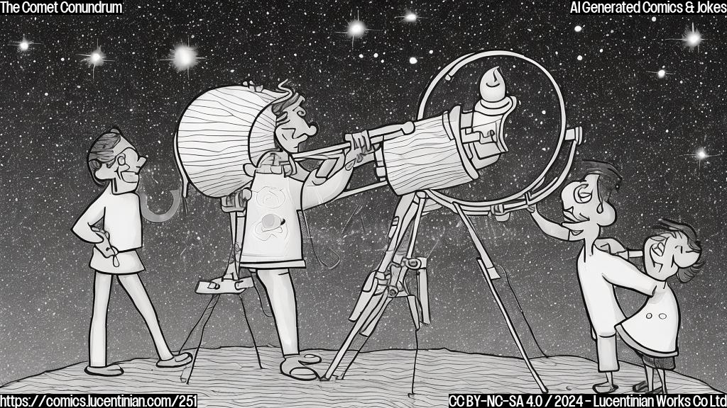 Draw a simple cartoon style image of a smiling man (with a telescope in hand) and a crying woman standing on opposite sides of an imaginary line, both looking up at the sky. The comet should be visible in the background, with a few stars scattered around it.