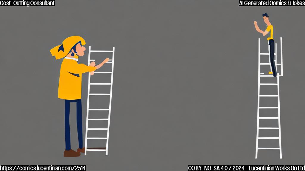 A simple cartoon drawing of a consultant with a ladder, plain colors, no background