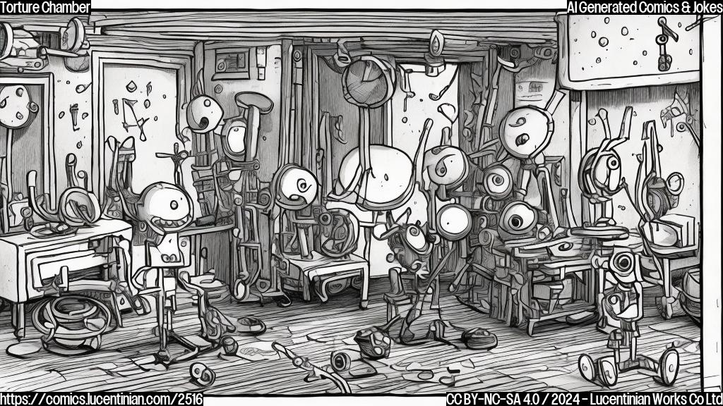 A simple cartoon drawing of a stick-man character smiling broadly in a room with simple torture devices, such as a rack and a thumbscrew. The style should be plain color cartoon with no background. The stick-man should be clearly happy.