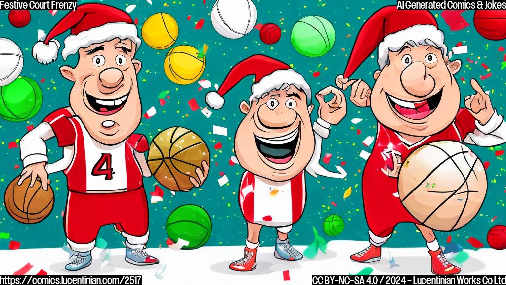 Draw a cartoon of two smiling faces with basketballs in hands, surrounded by holiday decorations and confetti. The two faces are dressed in matching red jerseys with white and green accents.