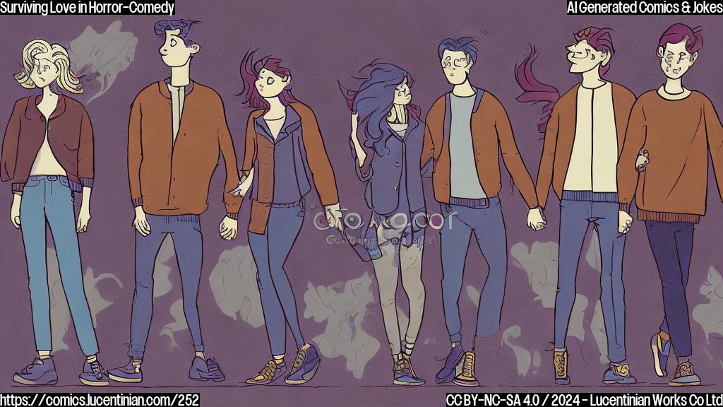 A cartoon-style illustration of two people, one male and one female, both in their mid-twenties, dressed in dark colors with a hint of 90s aesthetic. The woman has short, spiky hair and is wearing a black leather jacket, while the man has messy brown hair and is sporting a cardigan. They are holding hands and walking down a dimly lit hallway or corridor, with a faint smile on their faces. The atmosphere is playful and flirtatious, but also slightly eerie, hinting at the horror-comedy genre.