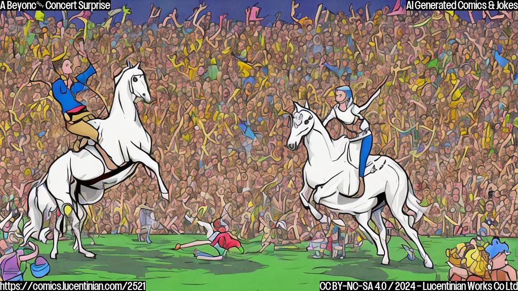 A simple cartoon drawing of a pop star riding a white horse onto a stage during a halftime show, with a crowd of stick figures cheering in the background.  The color scheme should be mainly beige and light brown to reflect the stage and desert.