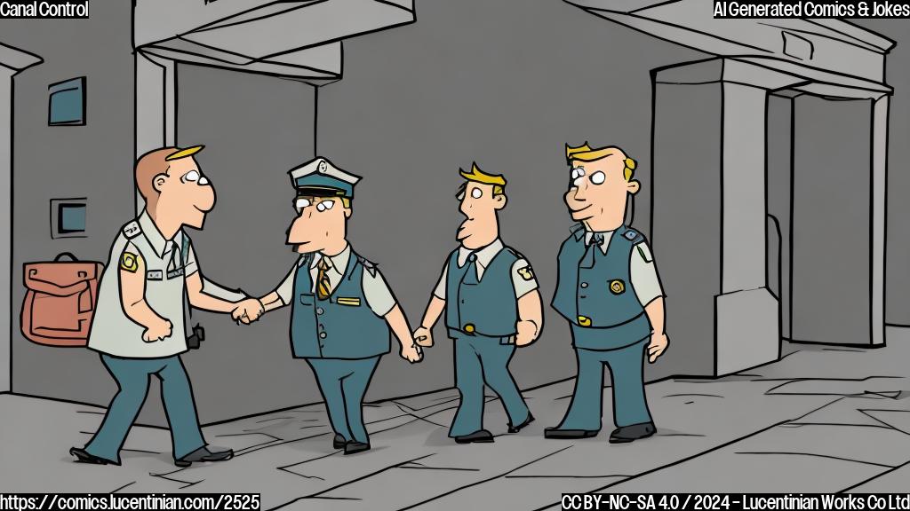 A cartoon drawing in plain colors depicting a disgruntled official being escorted out of a building by a security guard. The building should look like a government building or office, perhaps with a small canal in the background.  Use simple shapes and colors, minimal detail.