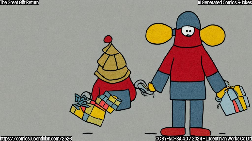 A plain-colored cartoon of a sad-looking sweater with a gift tag on it, walking back to a store building.  The sweater is light blue, the building is a simple red rectangle, and the gift tag is yellow. The style is simple, minimalistic, and childlike. No complex backgrounds or details.