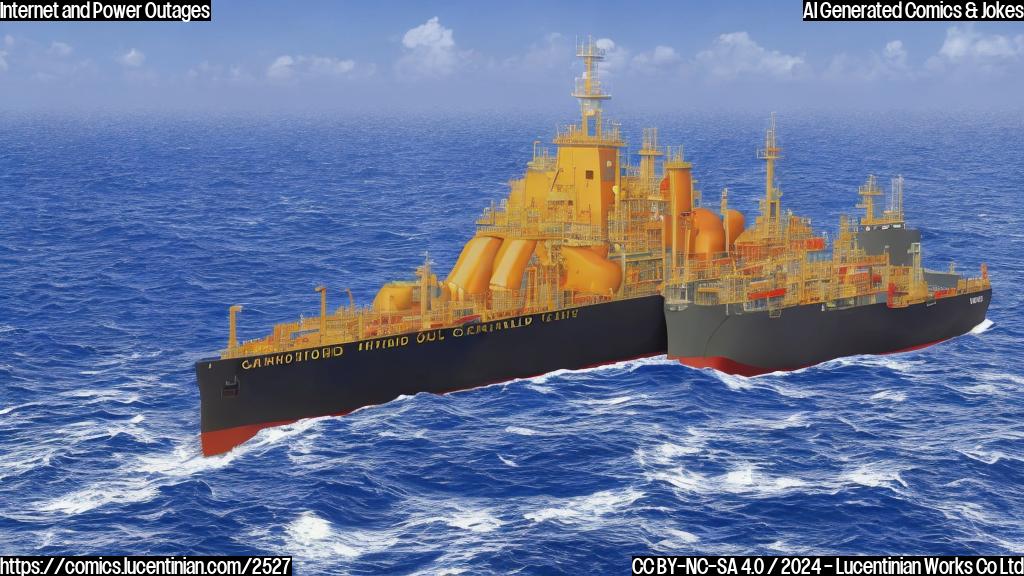 A cartoon of a grounded oil tanker with a single, large byte symbol on its hull, simple colors, plain background