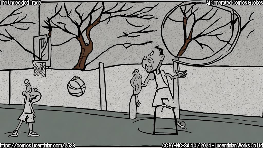 A simple cartoon drawing in plain colors, showing a basketball player looking anxious, sweating, sitting on a fence. The fence is between two basketball courts, one with a happy team and one with a sad team.