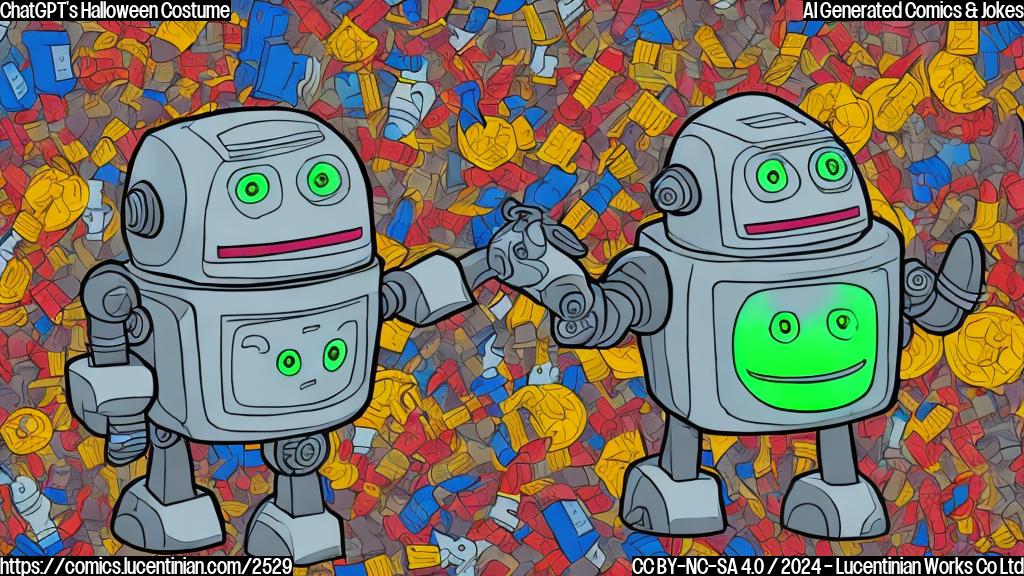 A cartoon drawing of a sad-looking robot dressed in a Halloween costume that has several error codes and symbols displayed on it. The robot is surrounded by empty candy wrappers and frustrated expressions. The style is plain color cartoon.