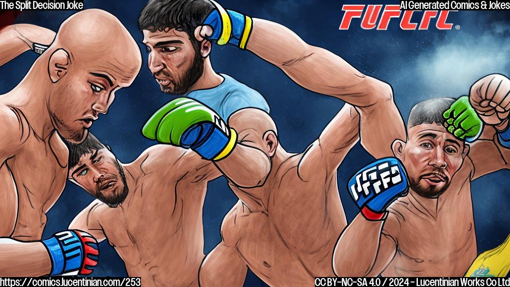 Draw a cartoon of two MMA fighters facing each other in the center of the octagon. The fighter on the left has a determined expression and is throwing a punch, while the fighter on the right has a surprised look and is holding up his hands in defeat. Both fighters are wearing UFC gear and have their arms raised in a gesture of triumph, with a split decision scorecard hanging from the octagon's ropes above them. The background should be a bright, bold color to represent the excitement of the fight.