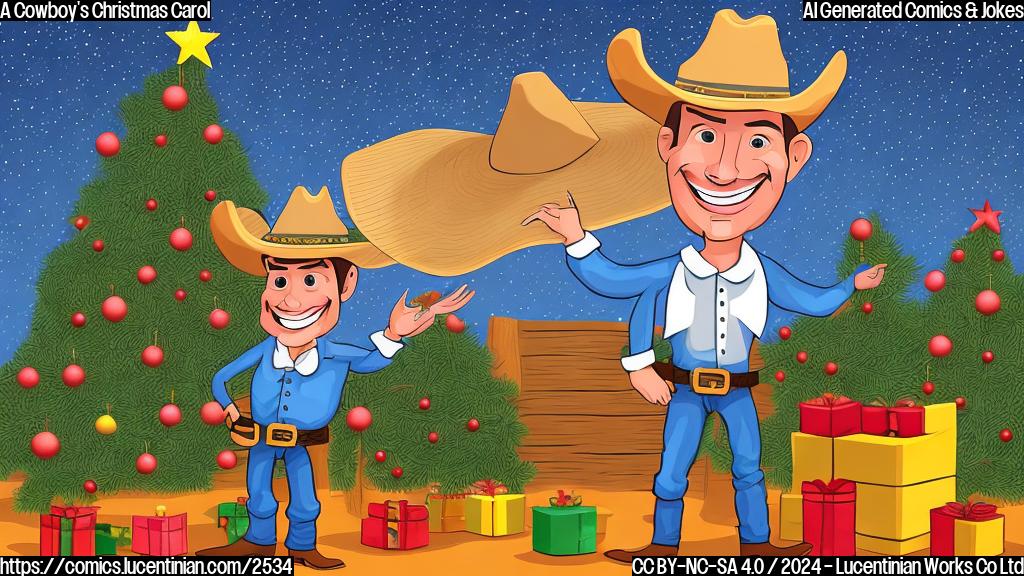 A cartoon drawing of a cowboy in a plain-colored style, with a big smile, wearing a new, slightly too-big, cowboy hat. The background is simple and plain, featuring only a single Christmas tree in one corner.