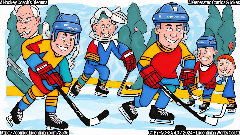 A simple cartoon drawing in solid colors, depicting a smiling hockey coach carrying a stepladder, in a hockey arena background. The drawing should use only basic shapes, such as circles, squares and rectangles, to represent the players, the coach, the ice-rink and the bleachers