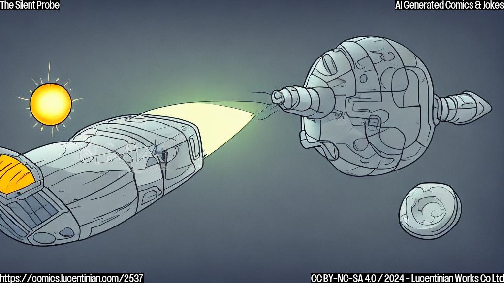 A simple cartoon drawing of a small spaceship with a large solar panel, looking slightly scorched, sitting next to a giant charging plug. The art style should be minimalist and use only a few solid colors. The background should be a simple yellow to represent the sun.