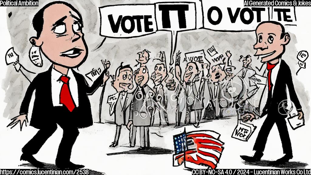 A simple cartoon of a person in a suit crossing a road, with small speech bubbles above their head saying "Vote for me!" in a plain color style.