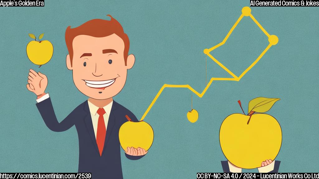 A cartoon of a smiling person in a suit holding a golden apple, with a chart showing upward trending line in the background. Simple flat color style.