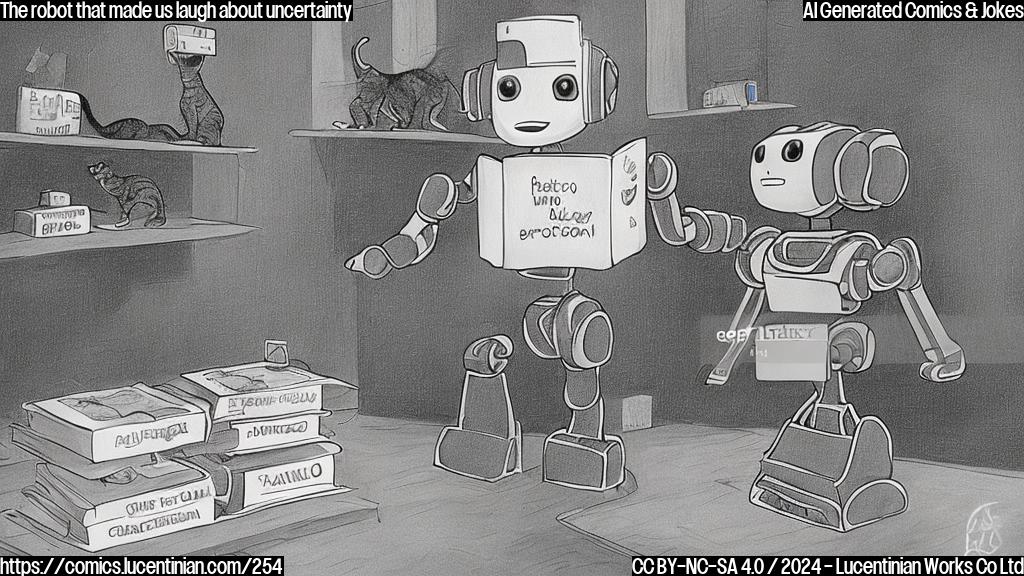 Draw a cartoon of a humanoid robot with a big smile on its face, holding a book in one hand and looking at a cat that is sitting on a shelf. The cat is covered in a small, transparent box with the words "superposition" written on it. The robot's hand should be next to the book with a thought bubble saying "it rings a bell". The background of the image should be a minimalist library setting with books and shelves, all in shades of gray and blue.