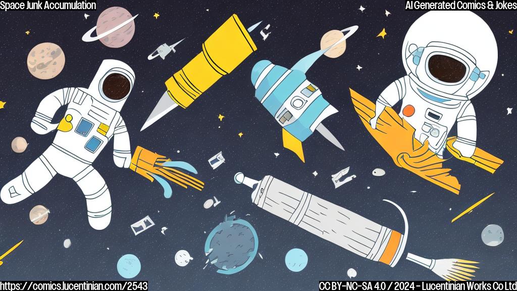 A simple cartoon drawing in a plain color style: Two astronauts with large, comical-looking tools trying to clean up a bunch of random space debris, floating pieces of satellites, and a large rocket stage. Background is black. 