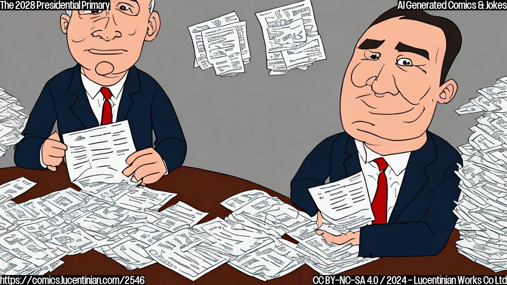 A simple cartoon of a politician looking tired and overwhelmed with paperwork, surrounded by calendars with the number 2028 circled on them. Plain color style.