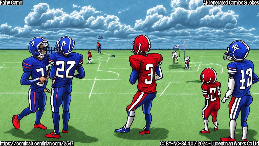 A cartoon drawing in plain color style showing two football players standing on a football field during a rain. The field is dark green color, while the players are blue and red. The sky is grey color with some dark clouds. The players look sad and wet. Their uniforms are transparent because they are soaked from rain.