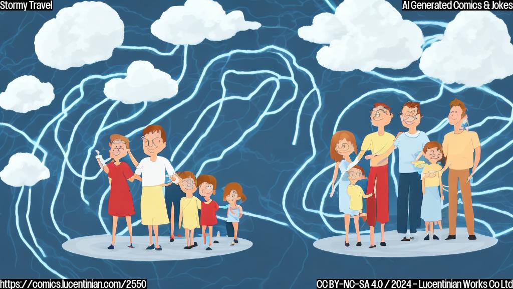 A simple cartoon of a family sadly looking at a weather forecast on a tablet, showing a swirling vortex of dark clouds above a road map. Simple lines, plain colors. The background is plain light blue.