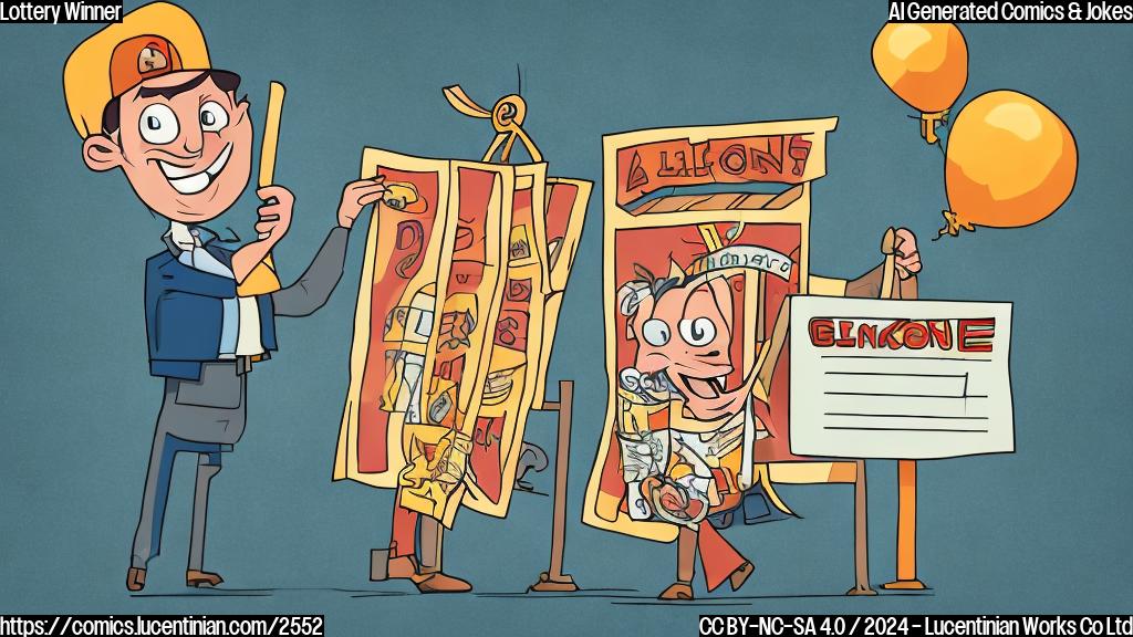 A cartoon drawing of a happy person with a ladder in one hand and a giant check in the other, standing in front of a casino. The style is plain color, simple shapes and lines, without much detail.