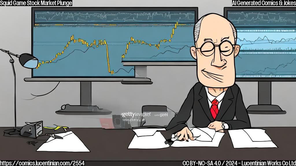 A cartoon drawing in a plain color style. A sad cartoon investor, wearing a suit and a tie, is sitting in front of a computer monitor that shows a stock market graph sharply plunging. The background is simple, a single color.