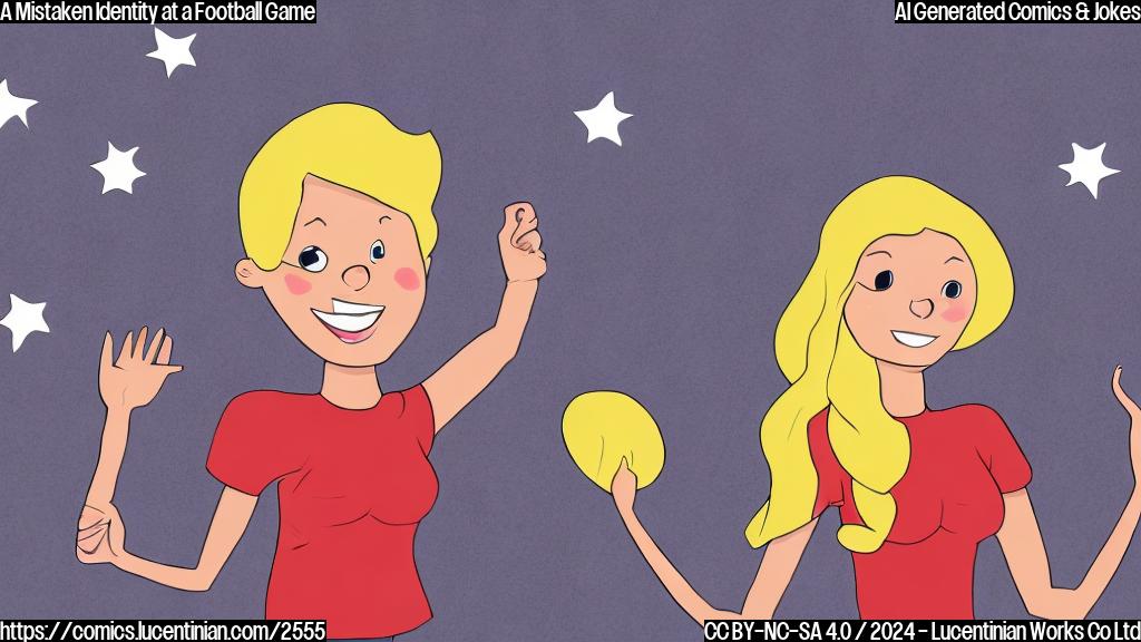 A simple cartoon drawing of a woman with long blonde hair in a football stadium, cheering while the crowd goes wild, with a background of a stadium with a simple plain color style, simple background.