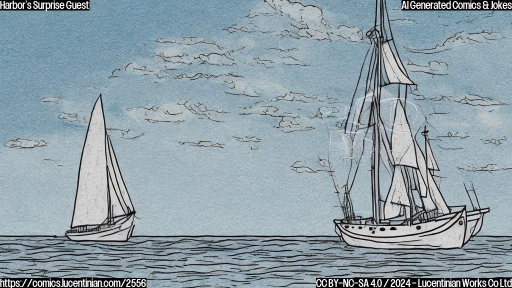 A simple cartoon drawing of a surprised sailboat in a harbor with some broken pilings around it, in a plain color style. The background should be a light blue.