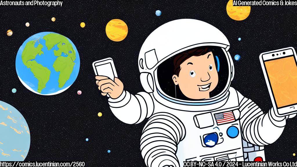 A cartoon drawing in plain colors of an astronaut in a spacesuit, floating in space, taking a selfie with a large smartphone. The background is a simple, plain color depiction of the Earth.