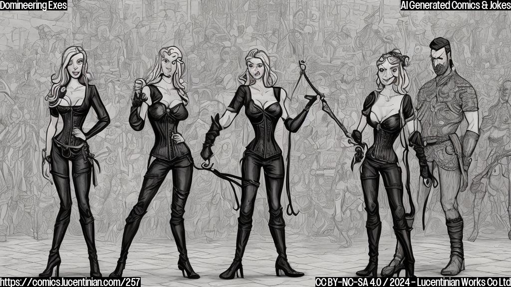 Draw a cartoon style illustration of a woman wearing a leather corset and holding a whip, standing next to two figures with stern expressions. The woman has a shocked expression on her face, while the two figures in the background have guilty looks on their faces. The dominant figure is a tall, imposing man with a scowl, and the other figure is a slender man with a sheepish grin. The woman's corset is torn open, revealing a "dominated" tag underneath. Incorporate bold lines, dark colors, and dramatic poses to convey a sense of drama and discomfort.