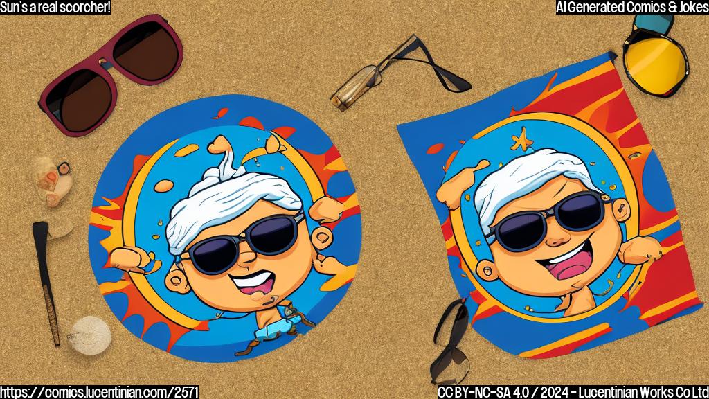 A cartoon sun wearing sunglasses and a beach towel, with a speech bubble saying "Already have a tan-trum!". Simple lines, plain colors.