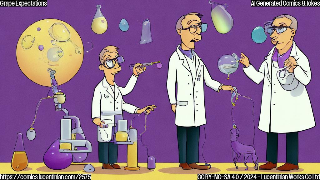 A simple cartoon drawing of a purple grape wearing a tiny lab coat and glasses, looking up inquisitively at a quantum physicist who is a very small man wearing a white lab coat and glasses. The background should be simple white and the objects are solid colors, no gradients or shadows.